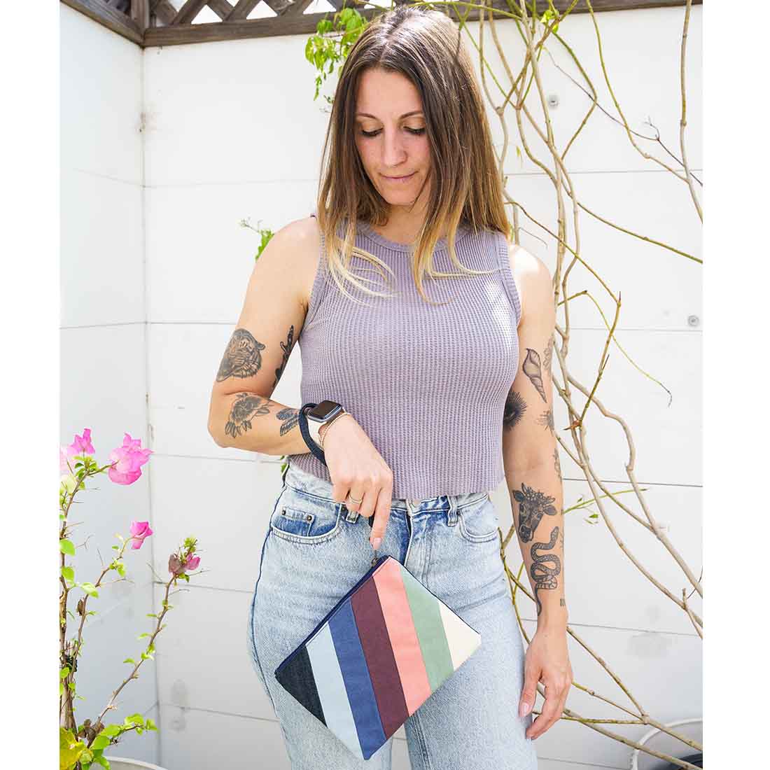 Denim Wristlet - Striped Pouch - Malia Designs