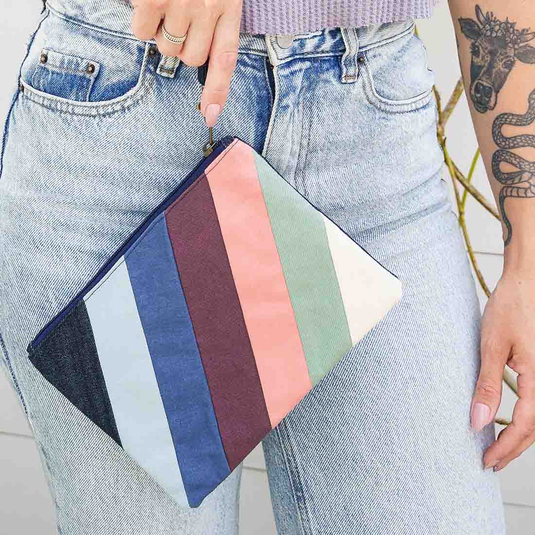 Denim Wristlet - Striped Pouch - Malia Designs