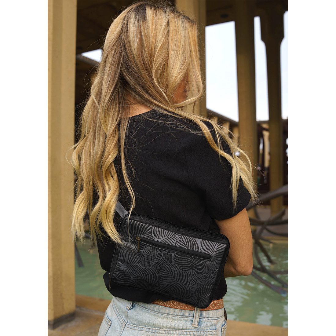 Sustainable Canvas Belt Bag - Black Monstera - Malia Designs