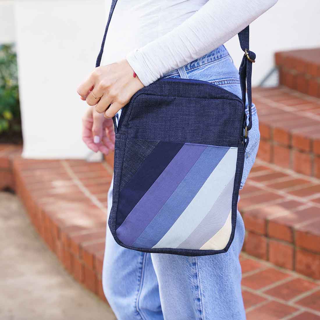 Deep Pocket Denim Crossbody - Stylish Stripes - Malia Designs