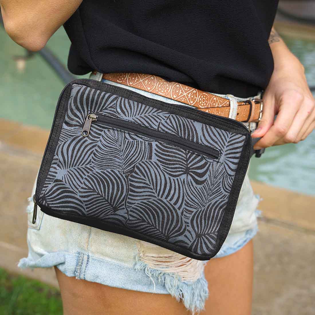Sustainable Canvas Belt Bag - Black Monstera - Malia Designs